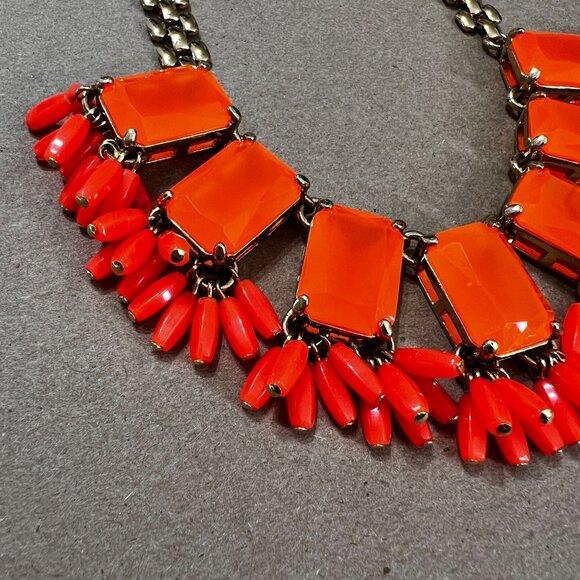 J Crew Gold Tone Neon Orange Stations Statement Necklace - Picture 3 of 11